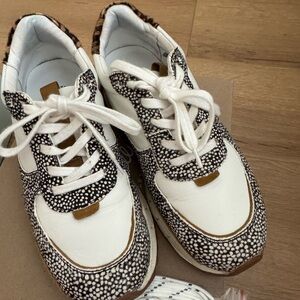 Madewell White Sneakers with Black Speckled Panels and Tan Accents